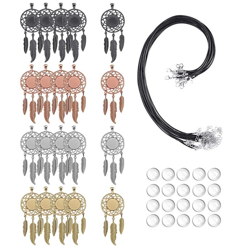 LANBEIDE 60Pieces Cabochons Jewelry Making Kits-20Pcs Dreamcatcher Bezel Pendant Trays with 20Pcs Glass Cabochons 14mm and 20Pcs Black Waxed Necklace Cords for Photo Pendant Jewelry Making - Image 1